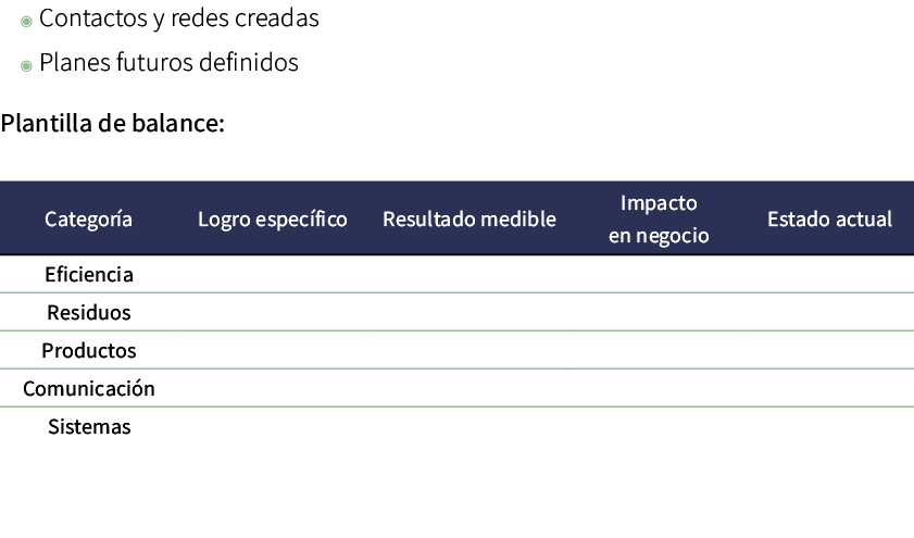 ◉ Contactos y redes creadas ◉ Planes futuros definidos Plantilla de balance: 